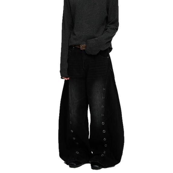 Luwomo Jeans for Mens Washed Distressed High Waist Curved Wide Straight Leg Trousers Denim Pants