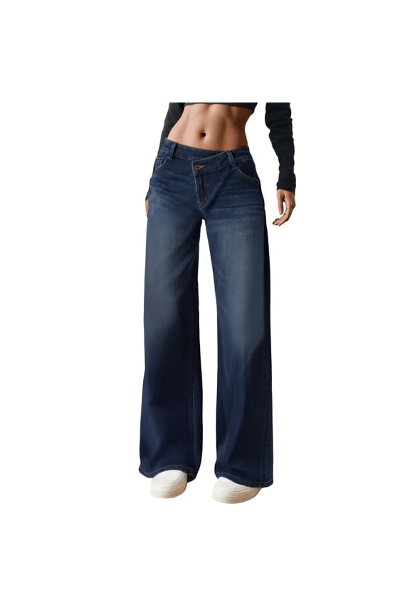Jeans for Womens Straight Leg Wide Leg Long High Waist Unique Design Trousers Stretch Daily Wear Denim Pants Dark Blue,L