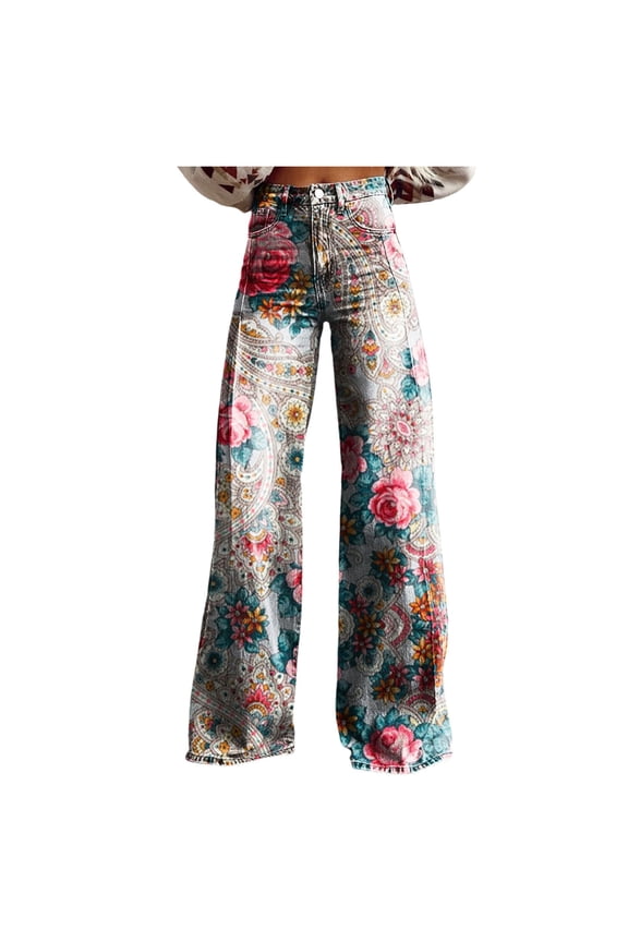 Jeans for Womens Wide Leg Fashion High Waisted 90s Floral Printed Pull On Baggy Long Trousers Denim Pants Pink,2XL