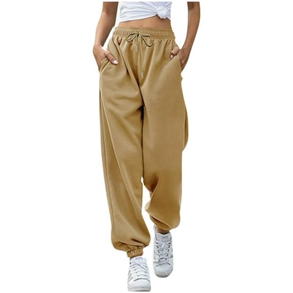 Luwomo Joggers Pants for Womens Bottom Pure Color Sweatpants Joggers Pants Workout Long High Waisted Loose Yoga with Pockets Trousers Khaki,M