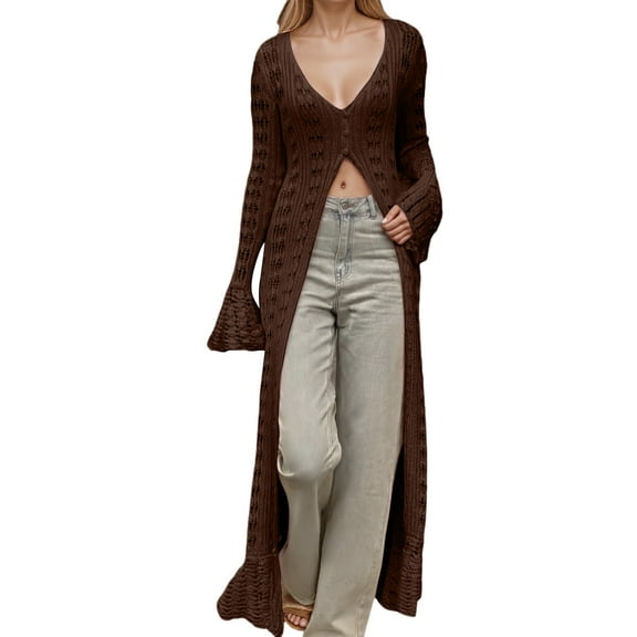 Luwomo Knit Cardigan for Womens French Style Lace Up Flared Long Sleeve Loose Fit Hem Design Elegant Party Tops Coffee,S