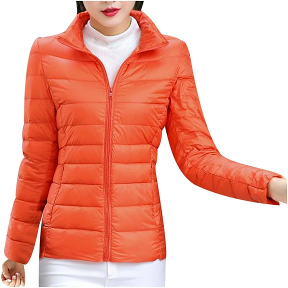 Luwomo Leisure Down Jackets for Womens Outwear Solid Color Long Sleeve Zipper Keep Warm Ladies Slim Fit Coat Blouses Orange,M