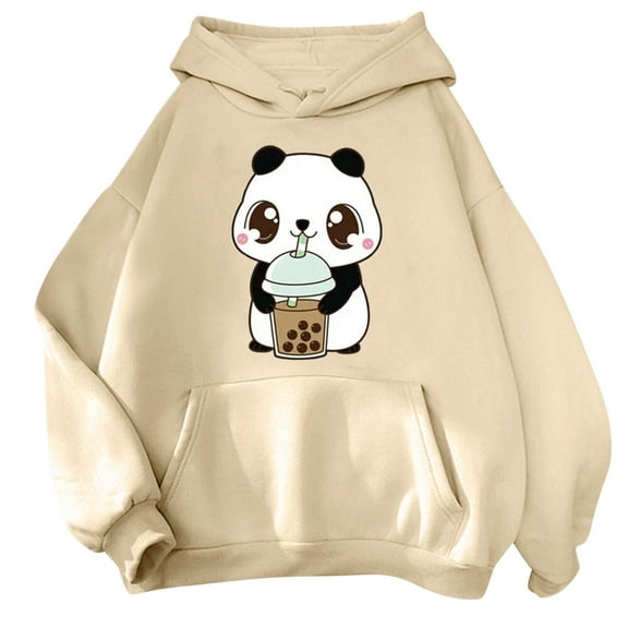 Luwomo Leisure Hoodies for Womens Cute Long Sleeve Hooded Cartoon Panda Graphic Print Sweatshirt Teen Girls Loose Fit Pullover Blouses Beige,2XL