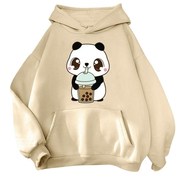 Luwomo Leisure Hoodies for Womens Cute Long Sleeve Hooded Cartoon Panda Graphic Print Sweatshirt Teen Girls Loose Fit Pullover Blouses Beige,L