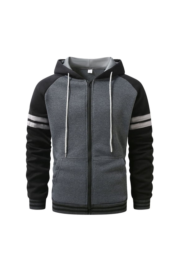 Leisure Jackets for Mens Mens Long Sleeve Patchwork Hooded Drawstring Zipper Cardigan Sports Coat Blouses Dark Gray,S