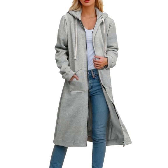 Luwomo Leisure Jackets for Womens Loose Fit Long Sleeve Hooded Zippered Long Cardigan Sweatershirt Coat Blouses Grey,L