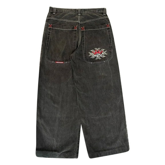 Luwomo Leisure Jeans Mens Baggy Retro Long High Waist Wide Leg Loose Fit Graphic Embroidered Streetwear Hop Comfortable Trousers Regular Denim Pants Black,L