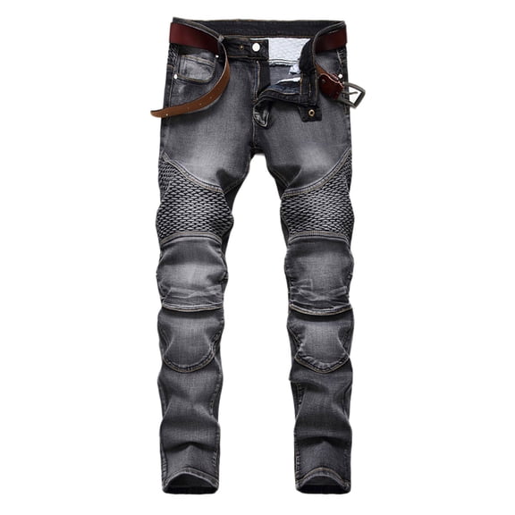 Luwomo Leisure Jeans Mens Long High Waist Straight Leg Cycling Knee Brace Slim Fit Trousers Regular Denim Pants Grey,34