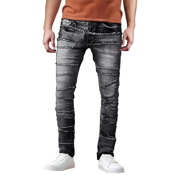 Luwomo Leisure Jeans Mens Long Straight Leg Elastic High Waist Trousers Slim Fit Streetwear Regular Denim Pants Black,S