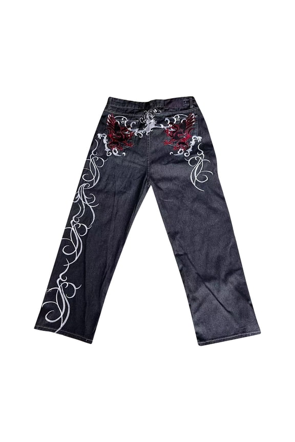 Leisure Jeans Mens Male Dark Gothic Style High Waist Long Street Floral Printed Wide Leg Loose Fit Trousers Relaxed Fit Denim Pants Black,XL