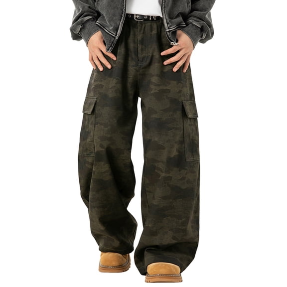 Luwomo Leisure Jeans Mens Retro Straight Wide Leg Long High Waist Trousers Camo Print Comfortable Outdoor Wear Regular Denim Pants CE2,XXL