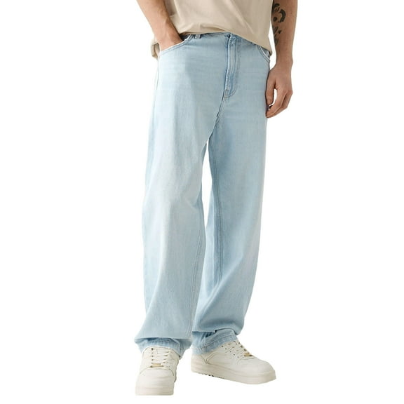 Luwomo Leisure Jeans Mens Skater High Rise Baggy Straight Wide Leg Stretch Loose Fit Long Trousers Streetwear Relaxed Fit Denim Pants Light Blue,XXL