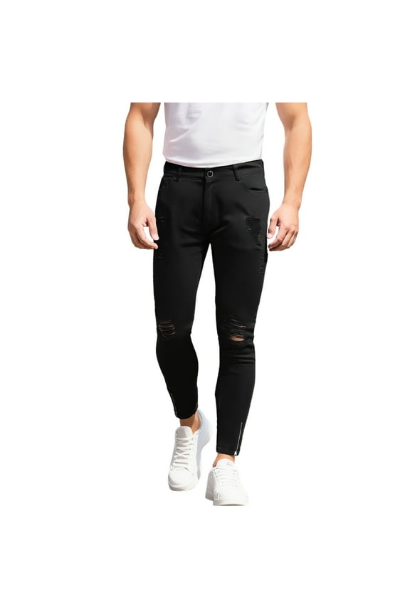 Leisure Jeans Mens Style Ripped Stretch Zip Calf Long Straight Leg High Waist Elastic Trousers Regular Denim Pants Black,M