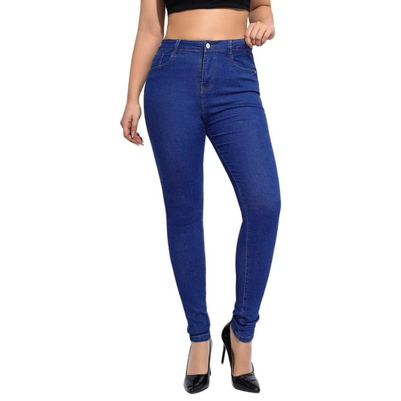Luwomo Leisure Jeans Womens Stretch Skinny High Waist Slim Fit Long Straight Leg Trousers Everyday Wear Pure Color Regular Denim Pants Blue,2XL