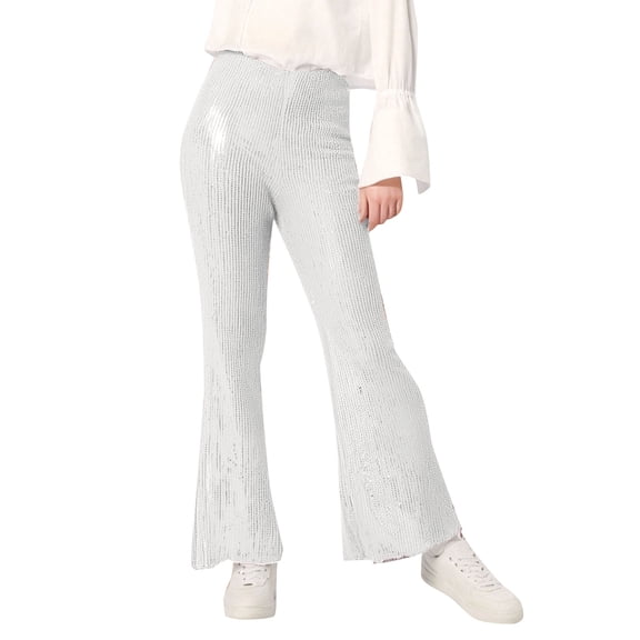 Luwomo Leisure Womens Pants Fashion Sequined Stretch High Waisted Wide Leg Long Loose Fit Sparkly Holiday Carnival Party Dance Trousers White,L