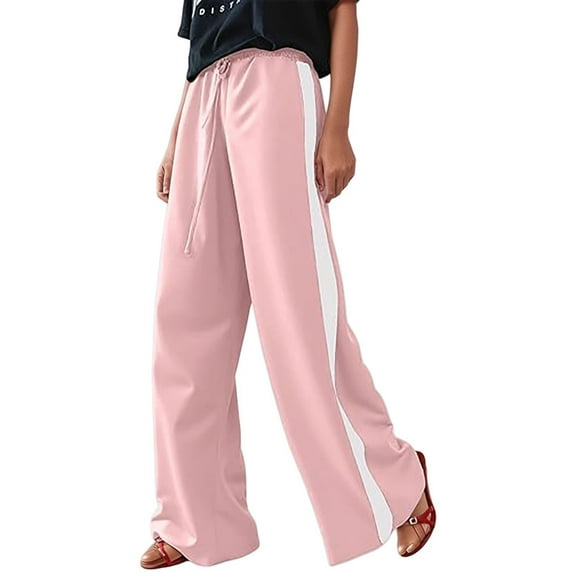 Luwomo Leisure Womens Pants Thin Long Wide Leg Elastic Waist with Drawstring Side Stripes Straight Leg Loose Sweatpant Trousers Z1 Light Pink,3XL