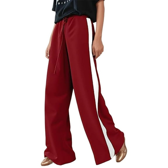 Luwomo Leisure Womens Pants Thin Long Wide Leg Elastic Waist with Drawstring Side Stripes Straight Leg Loose Sweatpant Trousers Z1 Red,M