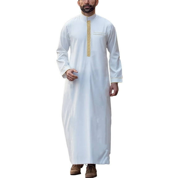Luwomo Long Sleeve Shirts for Men Muslim Embroidered Stand Collar Arab Robe Loose Fit Man Clothes