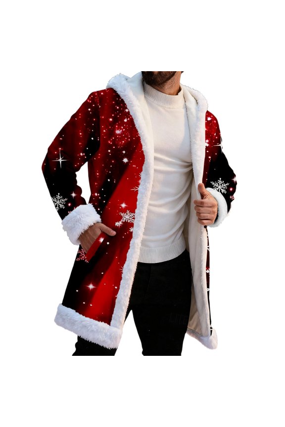 Men Christmas Leisure Cardigans Santa Graphic Print Open Front Knit Long Sleeve Hooded Soft Comfortable Holiday Cozy for Fall Winter Seasonal Party Wear Regular Coat Blouses,L-Brick Red,M