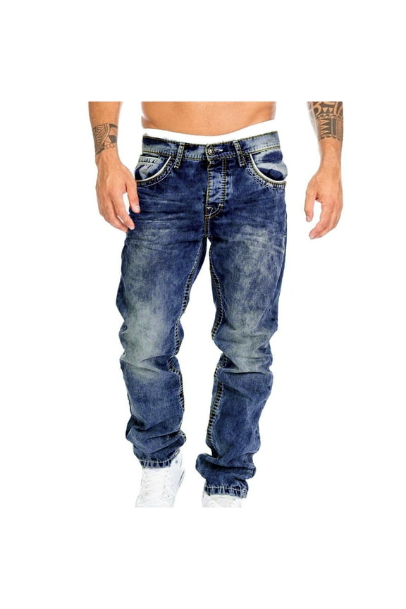 Men Jeans Long High Waist Wide Straight Leg Sports Retro Male Denim Pants