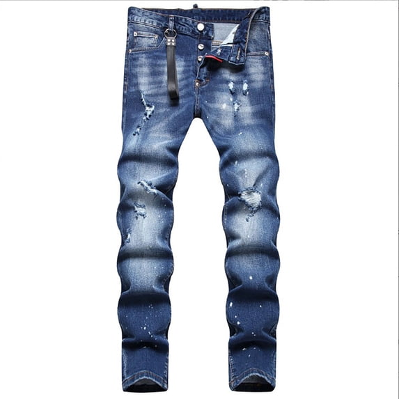 Luwomo Men Jeans Slim Stretch Distressed Washed High Waist Straight Leg Male Denim Pants
