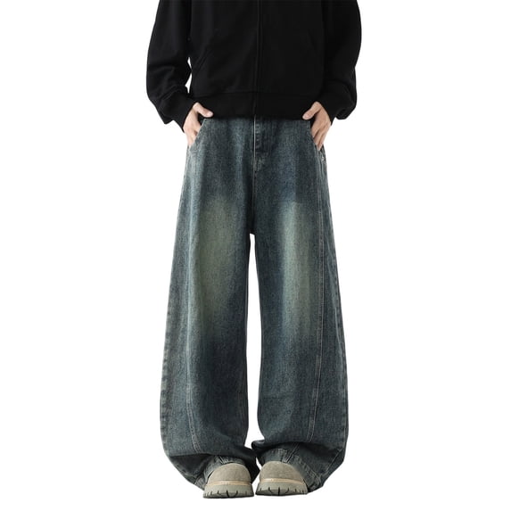 Luwomo Men Jeans Wide Leg Loose Fit Straight High Waist Trousers High Street Washed Male Denim Pants