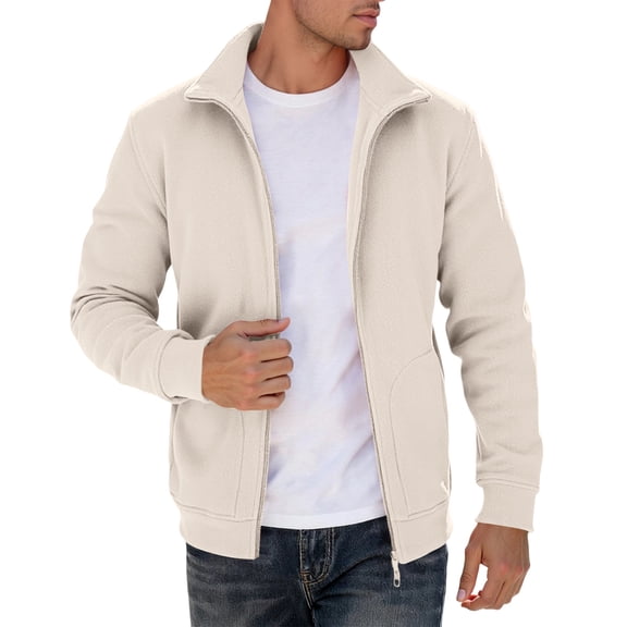 Luwomo Men's Casual Jackets Mens Fall and Winter Outdoor Long Sleeve Zipper Lined Style Solid Colour Hoodless Sweatshirt Coat Blouses Beige,M