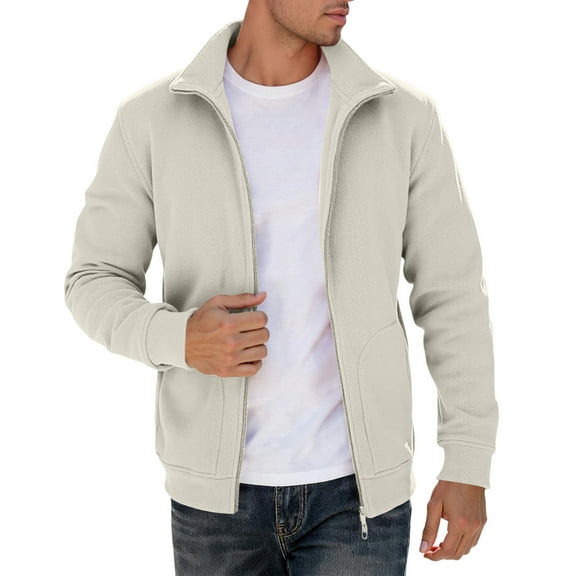 Luwomo Men's Casual Jackets Mens Fall and Winter Outdoor Long Sleeve Zipper Lined Style Solid Colour Hoodless Sweatshirt Coat Blouses Khaki,M