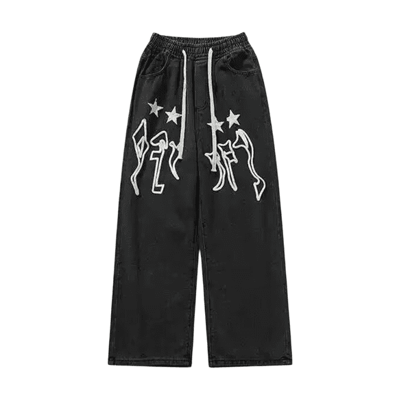 Luwomo Men's Casual Jeans Y2K Long High Waist Wide Leg Drawstring Retro Graphic Embroidered Loose Fit Trousers Washed Streetwear Denim Pants,Z9 Black,L