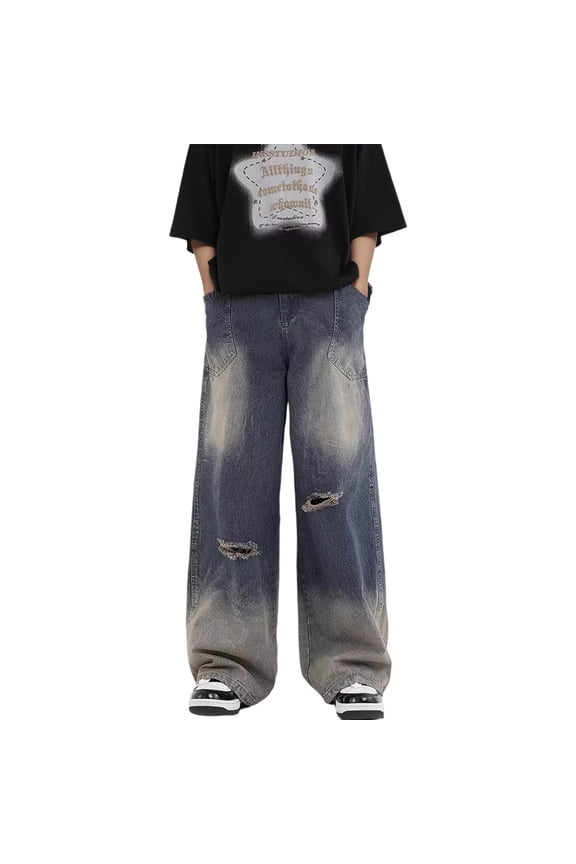 Men's Jeans Washed Distressed Baggy Loose Wide Leg Trousers Streetwear Male Denim Pants