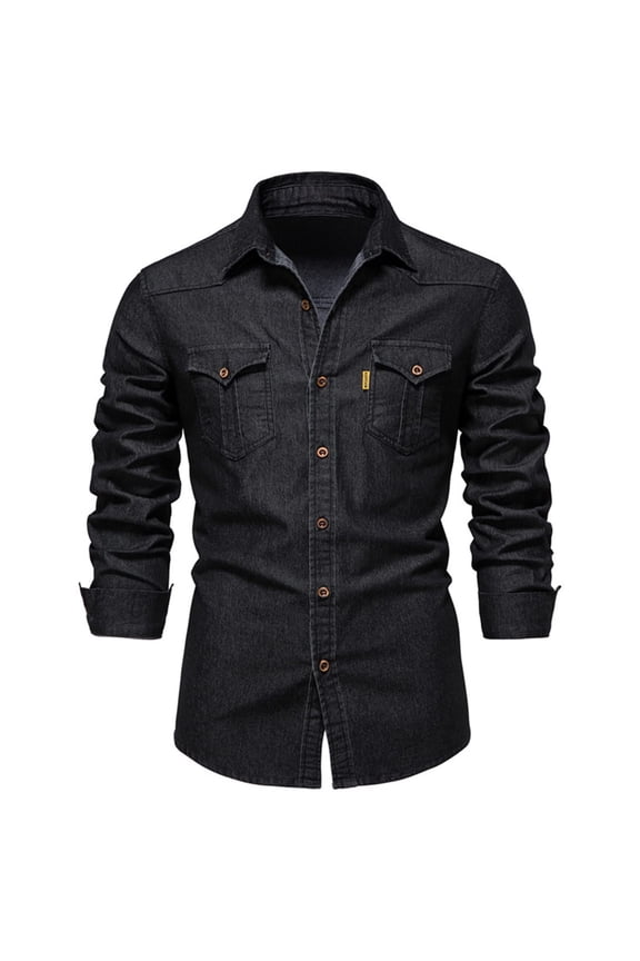 Men's Leisure Denim Shirt Jackets Mens Slim Fit Long Sleeve Lapel Button Down Washed with Chest Pockets Regular Blouses Black,S