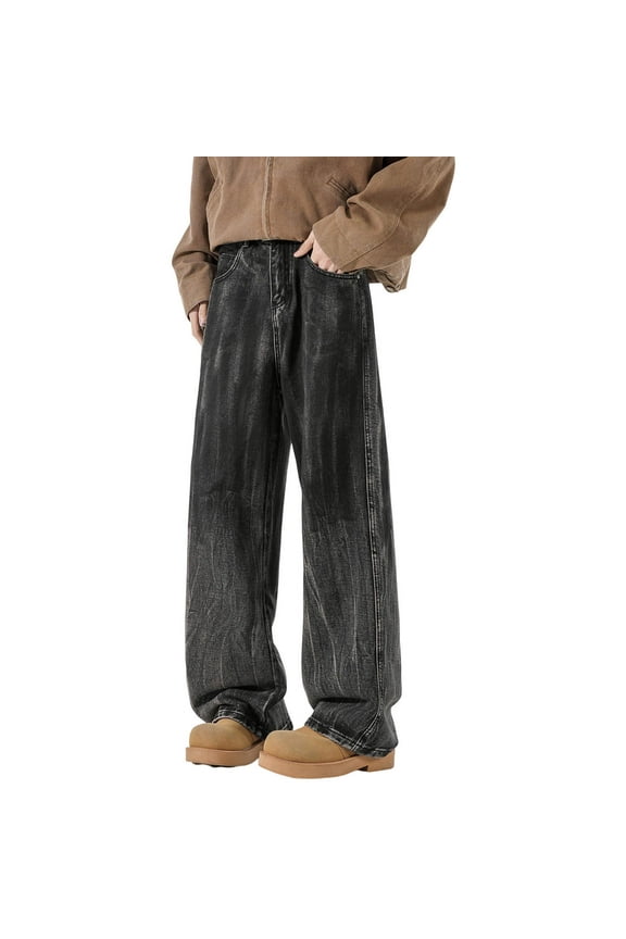 Mens Casual Jeans Loose Fit Trousers Long Wide Leg High Waist Tie Dye Washed Color Gradient Retro Streetwear Relaxed Fit Denim Pants Grey,M
