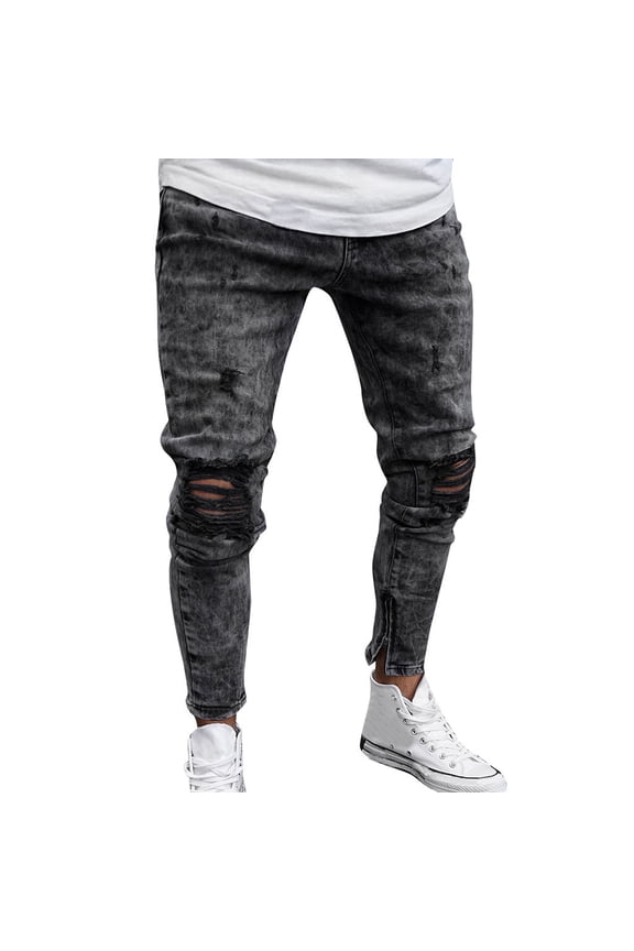Mens Casual Jeans Skinny Slim Fit Stretch Long Straight Leg High Leg Trousers Outdoor Hiking Daily Wear with Tie Dye Ripped Design Relaxed Fit Denim Pants Black,M