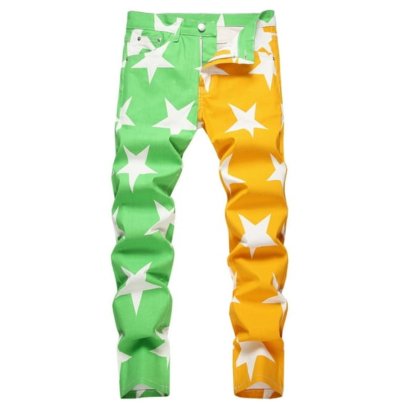 Luwomo Mens Casual Jeans Stars Print Color Patchwork Stretch Straight Leg Long High Waist Slim Fit Trousers Relaxed Fit Denim Pants Yellow,34