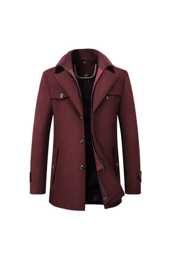 Mens' Jackets Mens Fall and Winter Woolen Double Layer Long Sleeve Lapel Zipper Business Coat Tops Red,L