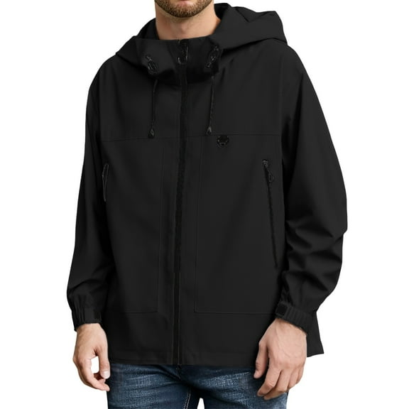Luwomo Mens' Jackets Mens Outdoor Windproof Rain All Seasons Lightweight Long Sleeve Hooded Drawstring Design Hiking Tops Black,L