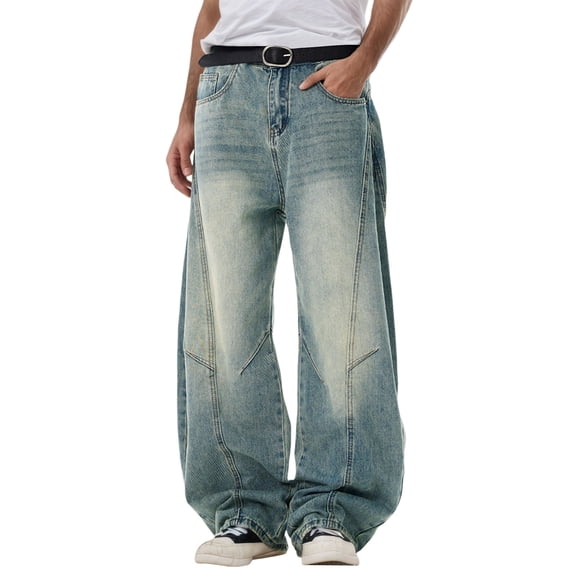 Luwomo Mens Jeans Long High Waist Loose Fit Straight Leg Wide Leg Trousers Splicing Design Denim Pants Blue,S