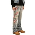 thumbnail image 1 of Luwomo Mens Jeans Slim Fit Floral Embroidered Long Straight Leg High Waist Stretch Design Versatile All Season Trousers Denim Pants Blue,L, 1 of 5