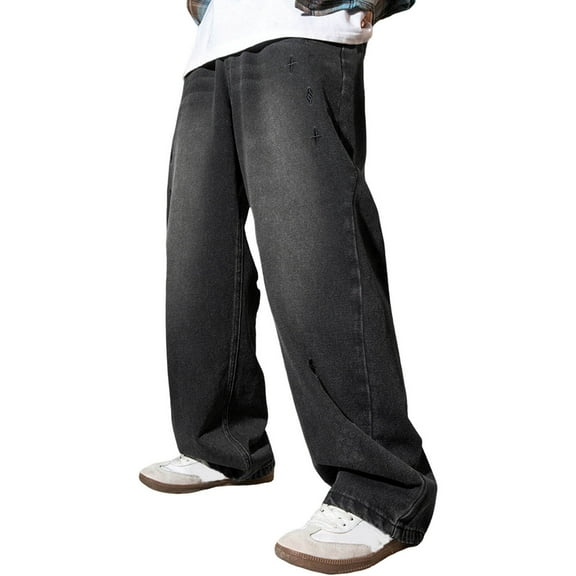 Luwomo Mens Jeans Washed Elastic Long Wide Leg High Waist Trousers Loose Fit Texture Embroidery Retro Streetwear Denim Pants Black,L