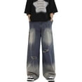 thumbnail image 1 of Luwomo Mens' Leisure Jeans Washed Light Distressed Baggy Loose Fit Straight Wide Leg Trousers High Waist Retro Streetwear Regular Denim Pants Blue,L, 1 of 6