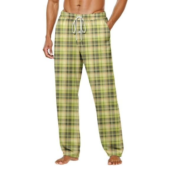 Luwomo Mens' Leisure Pants Soft Long Wide Leg Elastic Waist Sleep Plaid Design Daily Wear Home Outdoor Loose Fit Activities Regular Trousers Yellow,S