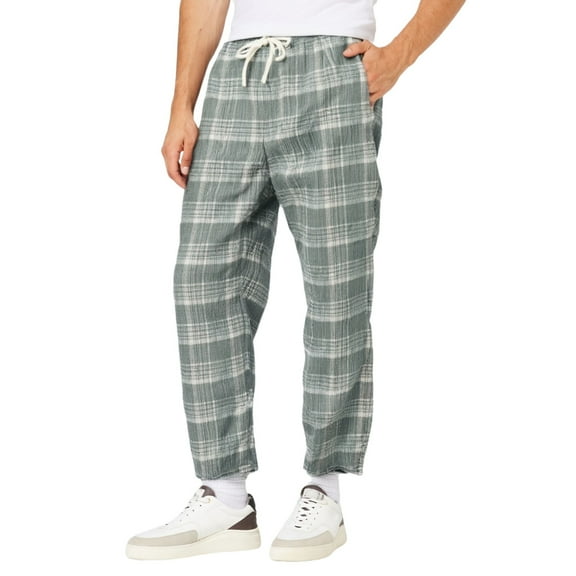 Luwomo Mens Pants Cozy Long Knit Pajama Long Wide Leg Elastic Waist Style Plaid Breathable Loose Fit Relaxed Fit Trousers Light Green,L