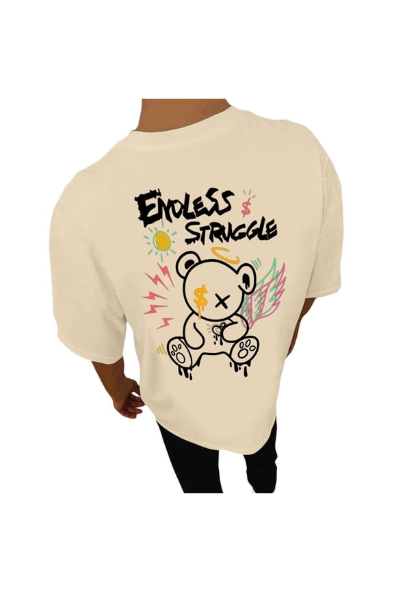 Mens T-Shirts Back Cartoon Print Summer Short Sleeve Crewneck Boys Tee Crew Neck Large Size Regular Tops