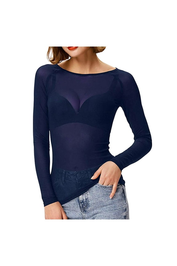 Mesh Tops for Women Long Sleeve Neck Fitted Sexy Top Bodycon Clubwear Sheer Pure Mesh Tops T Shirts,Blue,2XL