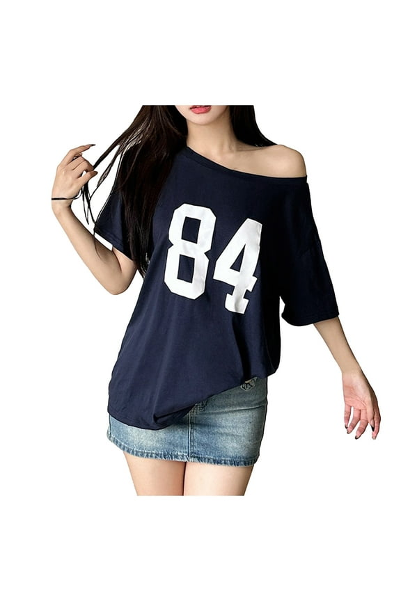 Off The Shoulder Tops for Women Short Sleeve Y2K Jersey Number Graphic Oversized Tshirts E-Girl Tees,Blue,M