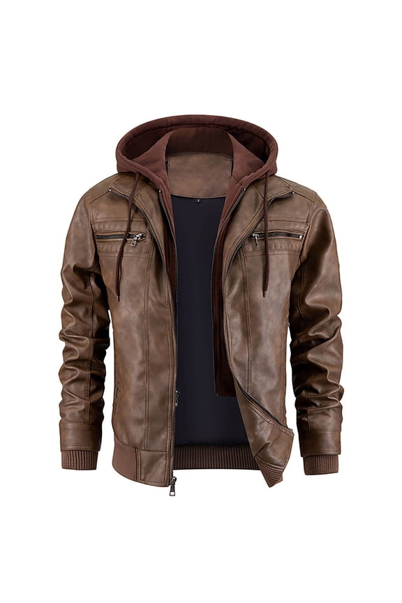 PU Leather Jackets for Mens Mens Fall and Winter Long Sleeve Hooded Outdoor Style Coat Tops Brown,3XL