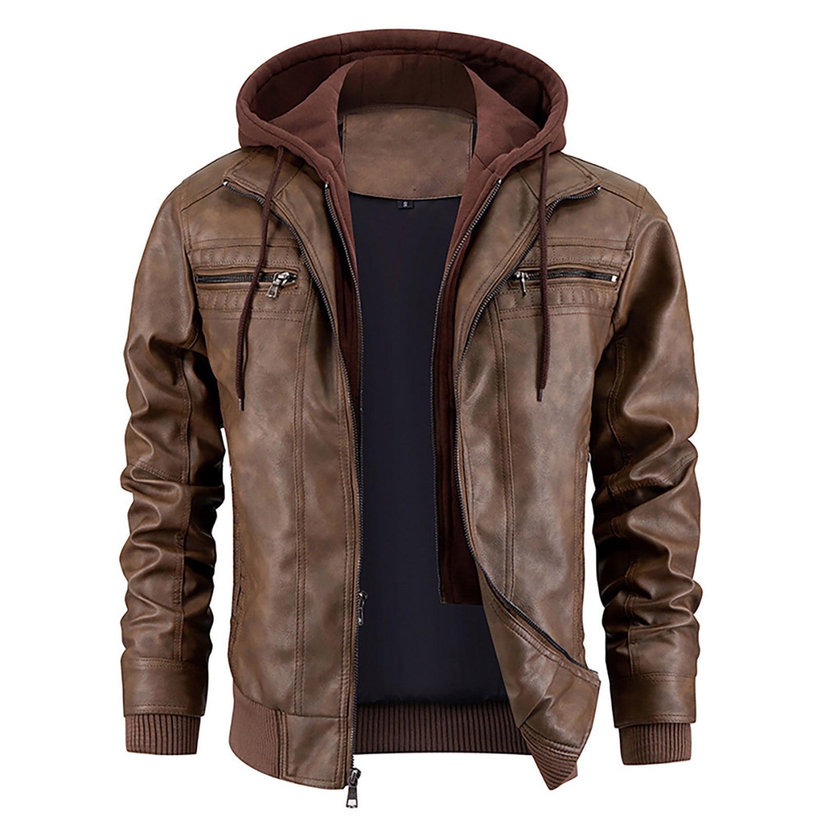 Luwomo PU Leather Jackets for Mens Mens Fall and Winter Long Sleeve Hooded Outdoor Style Coat Tops Brown,L