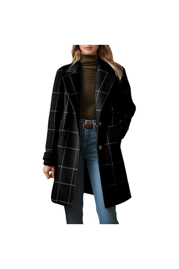 Plaid Wool Coats for Women Fall Winter Casual Checkered Long Dress Blazer Jackets Trench Coats Peacoats,Black,M