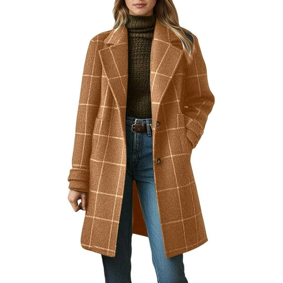 Luwomo Plaid Wool Coats for Women Fall Winter Casual Checkered Long Dress Blazer Jackets Trench Coats Peacoats,Coffee,XL
