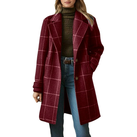 Luwomo Plaid Wool Coats for Women Fall Winter Casual Checkered Long Dress Blazer Jackets Trench Coats Peacoats,Wine,M